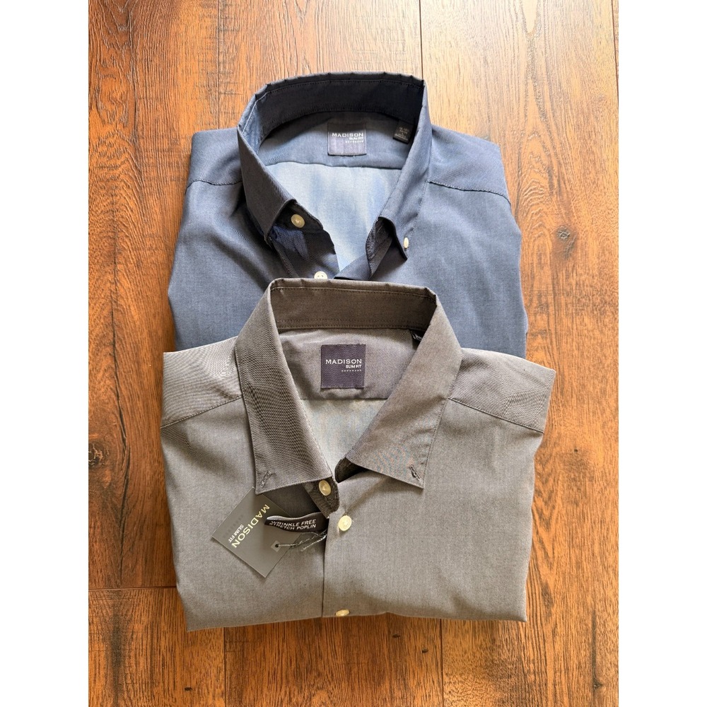 Lot of 2 Madison Men's Dress Shirts Large 16-16.5 32/33 Slim Fit Gray Blue - Picture 1 of 12